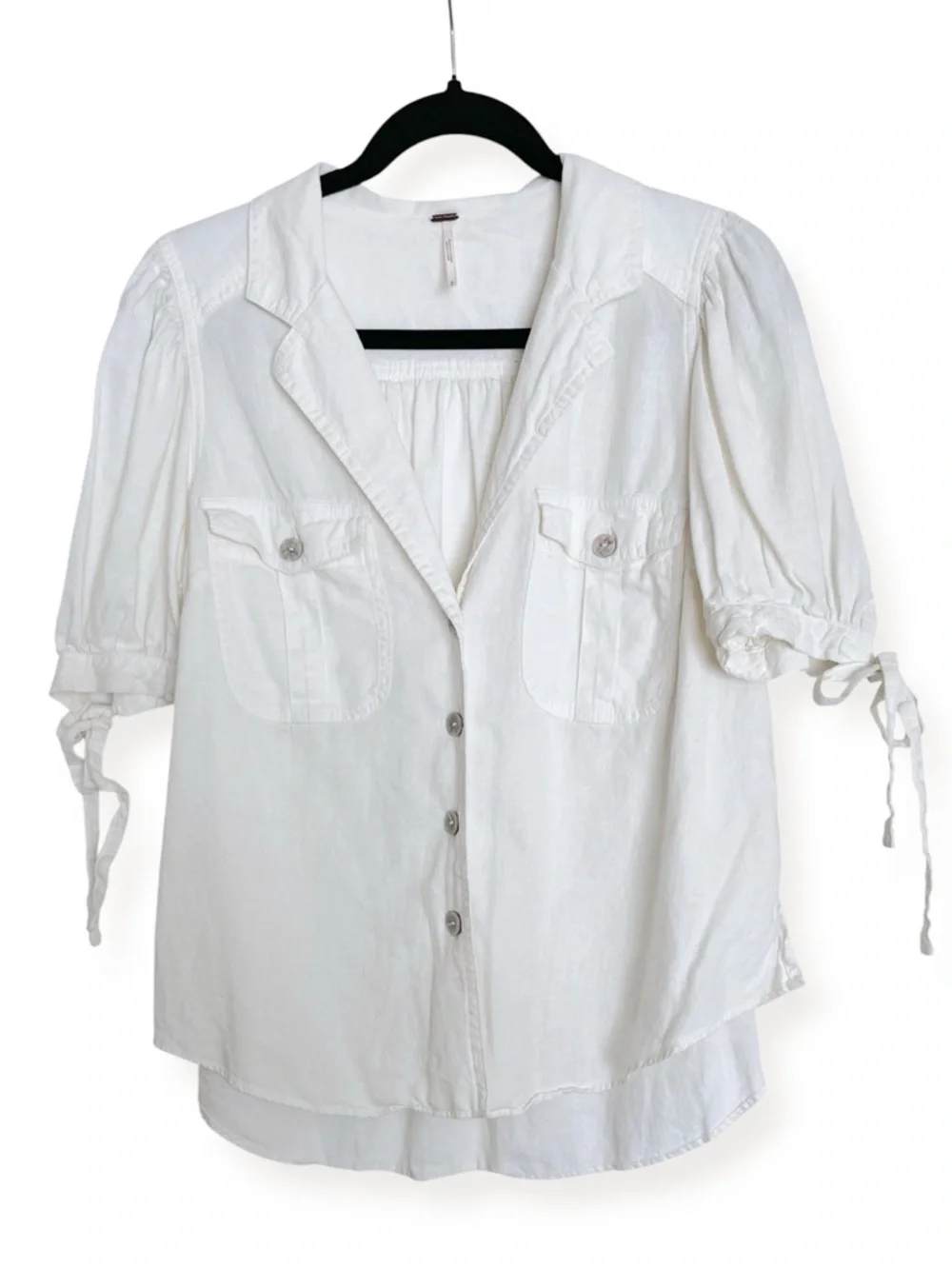Free People Safari Babe Linen Blend Tie Puff Sleeve Top In Angel Food Small